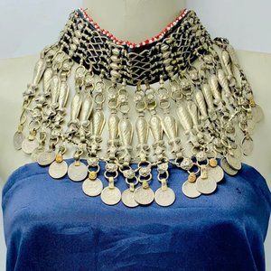 Tribal Choker Necklace: Vintage Afghan Coins, Fish Motifs